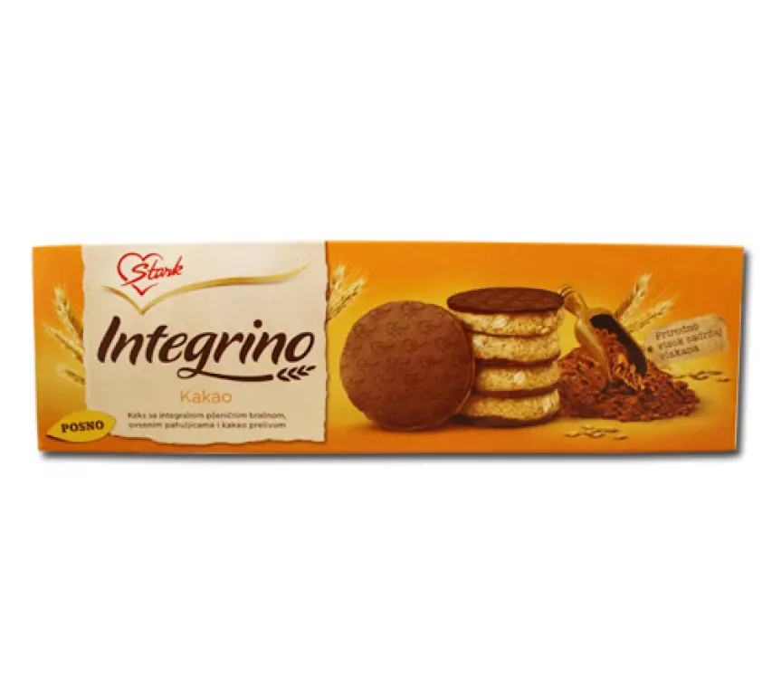 Integrino, keks s integralnim pšeničnim brašnom, zobenim pahuljicama i kakaovim preljevom